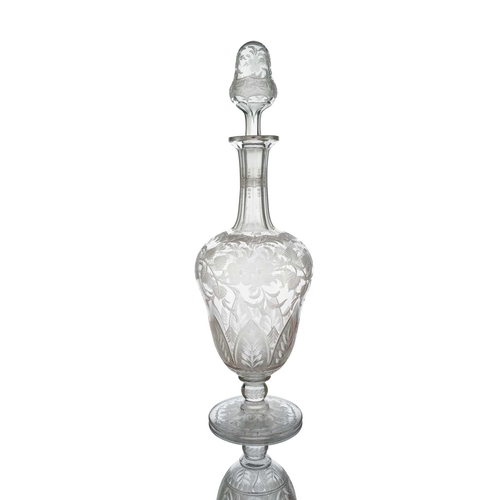 641 - A Stourbridge etched and engraved glass decanter, circa 1860, pedestal urn form the double gourd or ... 