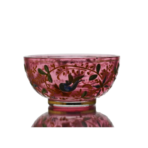 647 - Moser, a Bohemian enamelled and gilt glass bowl, circa 1890, pink cased with foliate enamel and gild... 