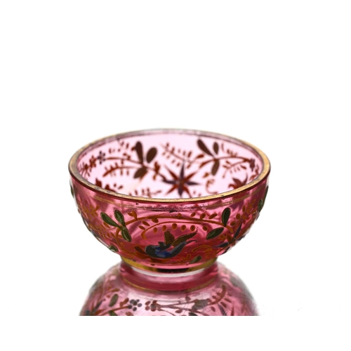 647 - Moser, a Bohemian enamelled and gilt glass bowl, circa 1890, pink cased with foliate enamel and gild... 