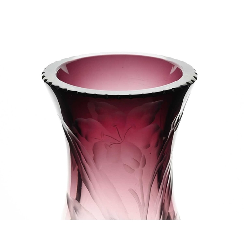 658 - Moser, a Bohemian Secessionist intaglio cut glass vase, circa 1900, waisted form, deep purple draini... 