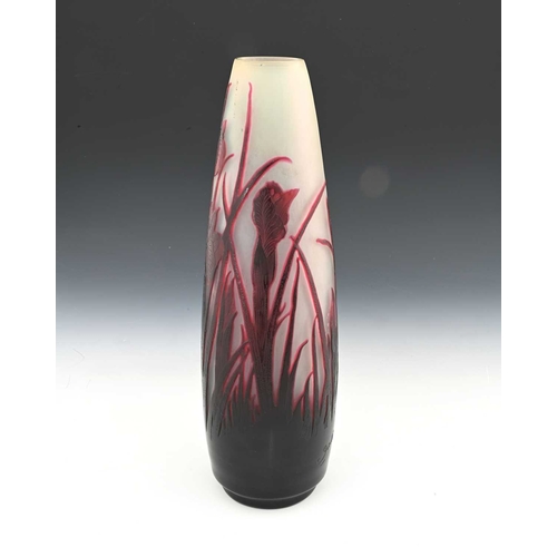 659 - Emile Galle, a ruby cased Iris glass cameo vase, circa 1890, conical barrel form, incuse marks Galle... 