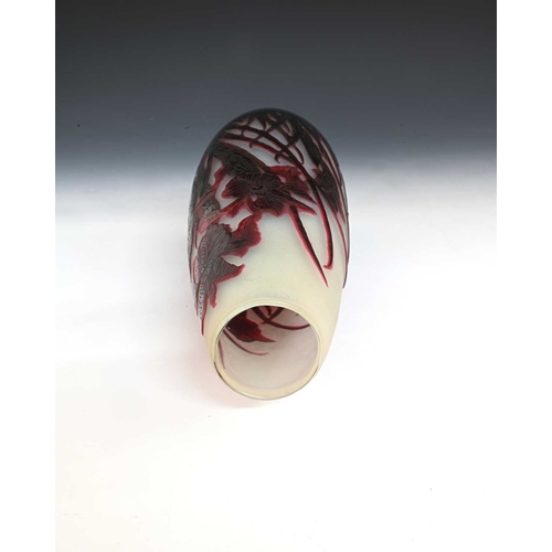 659 - Emile Galle, a ruby cased Iris glass cameo vase, circa 1890, conical barrel form, incuse marks Galle... 