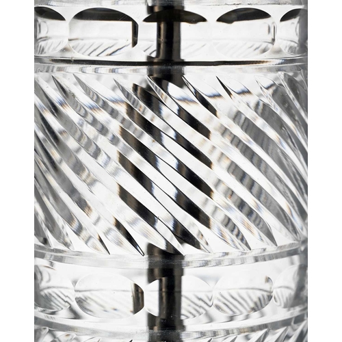 678 - John Luxton for Stuart, a cut glass lamp base, cylindrical form, cut with bands of alternating wryth... 