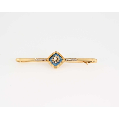 68 - A Belle Epoque gold rose-cut diamond, seed pearl and blue guilloche enamel bar brooch, length 5.5cm,... 