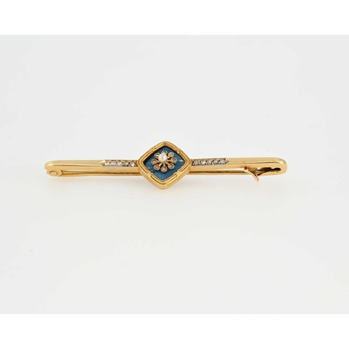 68 - A Belle Epoque gold rose-cut diamond, seed pearl and blue guilloche enamel bar brooch, length 5.5cm,... 