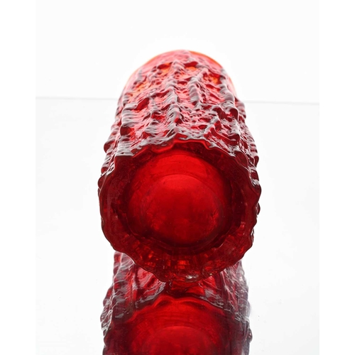 680 - Geoffrey Baxter for Whitefriars, a Ruby red bark textured vase, model 9691, designed circa 1967, cyl... 