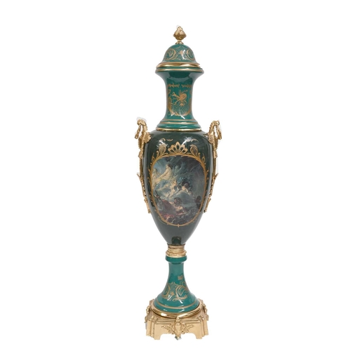 683 - A very large Continental vase, in the Vienna style, twin handled pedestal urn form, with ormolu type... 