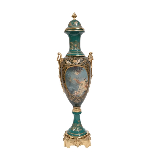 683 - A very large Continental vase, in the Vienna style, twin handled pedestal urn form, with ormolu type... 