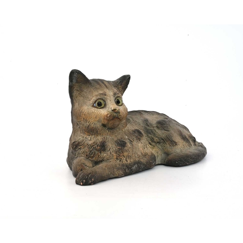 686 - Fontiane and Durieux, a French terracotta figure of a recumbent cat, realistically modelled and set ... 