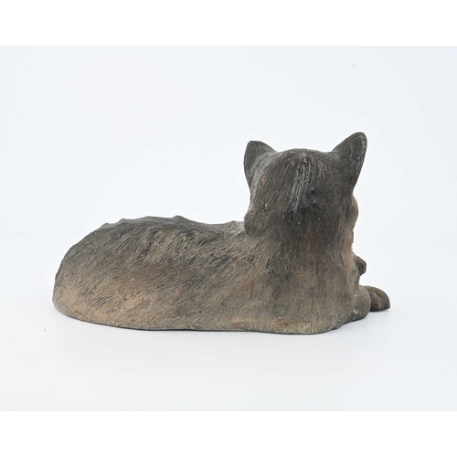 686 - Fontiane and Durieux, a French terracotta figure of a recumbent cat, realistically modelled and set ... 