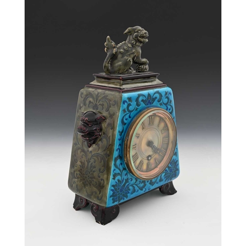 687 - Jules Vieillard, an Aesthetic Movement French faience mantle clock, Bordeaux, circa 1880, trapezoid ... 