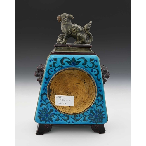 687 - Jules Vieillard, an Aesthetic Movement French faience mantle clock, Bordeaux, circa 1880, trapezoid ... 