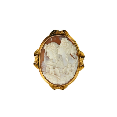 70 - An Art Nouveau yellow metal mounted shell cameo brooch, carved with an allegorical depiction of Nigh... 