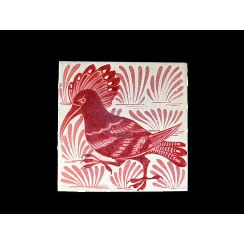 704 - William De Morgan, an Arts and Crafts ruby lustre Hoopoe tile, Chelsea, circa 1880, painted with a b... 