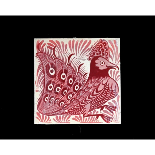 706 - William De Morgan, an Arts and Crafts ruby lustre Ornate Bird or Peacock tile, Chelsea, circa 1880, ... 