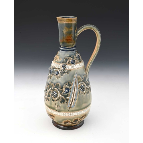 712 - George Tinworth for Doulton Lambeth, a stoneware ewer, 1878, conical gourd form, sgraffito decorated... 