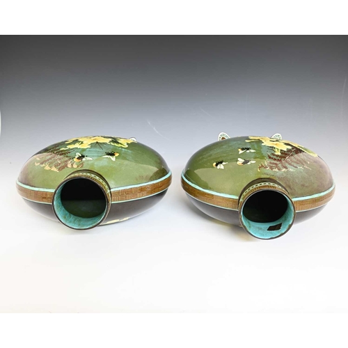 713 - Florence Lewis for Doulton Lambeth, a pair of large faience painted moonflask vases, circa 1883, the... 