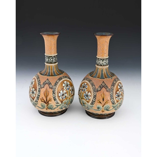 716 - Eliza Simmance for Doulton Lambeth, a pair of stoneware bottle vases, globe and shaft form, sgraffit... 