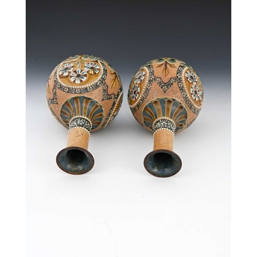 716 - Eliza Simmance for Doulton Lambeth, a pair of stoneware bottle vases, globe and shaft form, sgraffit... 