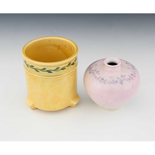 721 - Ruskin Pottery, two vine painted lustre vases, circa 1918, shouldered ovoid form in pink draining to... 