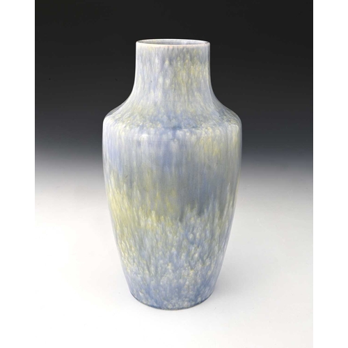 722 - Ruskin Pottery, a lustre vase, 1927, shouldered form, streaky lavender hares fur over pale yellow, i... 