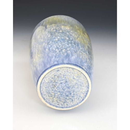 722 - Ruskin Pottery, a lustre vase, 1927, shouldered form, streaky lavender hares fur over pale yellow, i... 