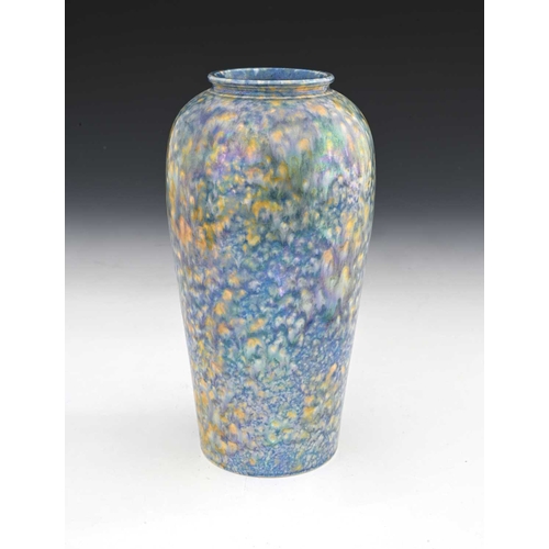 723 - Ruskin Pottery, a lustre souffle type vase, 1925, shouldered form, blue curdled over yellow, impress... 