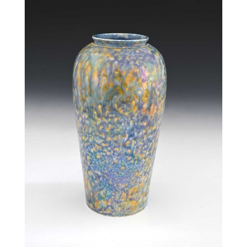 723 - Ruskin Pottery, a lustre souffle type vase, 1925, shouldered form, blue curdled over yellow, impress... 