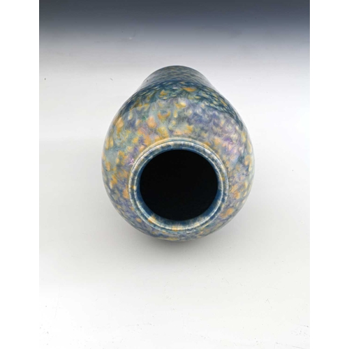 723 - Ruskin Pottery, a lustre souffle type vase, 1925, shouldered form, blue curdled over yellow, impress... 