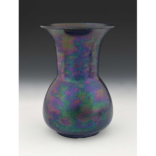 724 - Ruskin Pottery, a Kingfisher lustre vase, 1923, conical baluster form with flared cylindrical neck, ... 