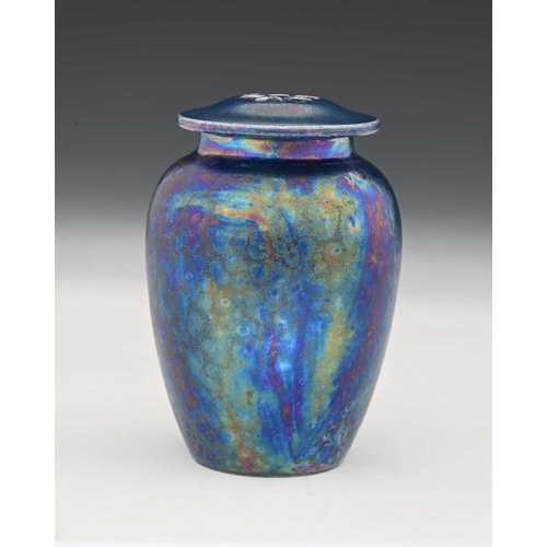 726 - Ruskin Pottery, a Kingfisher lustre vase and cover, 1920, shouldered form with reticulated lid, pier... 