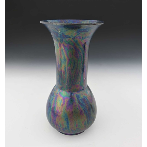 727 - Ruskin Pottery, a Kingfisher lustre vase, 1910, conical bulbous form with cylindrical flared neck, i... 