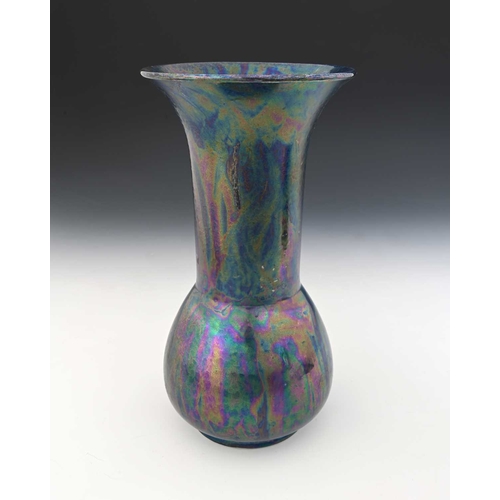 727 - Ruskin Pottery, a Kingfisher lustre vase, 1910, conical bulbous form with cylindrical flared neck, i... 