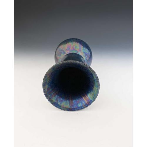 727 - Ruskin Pottery, a Kingfisher lustre vase, 1910, conical bulbous form with cylindrical flared neck, i... 