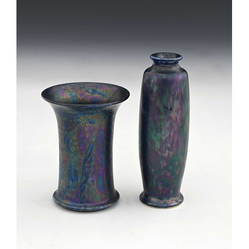 728 - Ruskin Pottery, two small Kingfisher lustre vases, 1913 and 1915, shouldered barrel form and flared ... 