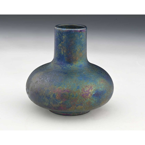 729 - Ruskin Pottery, a Kingfisher lustre vase, 1923, squat bulbous form with crystalline glaze, impressed... 