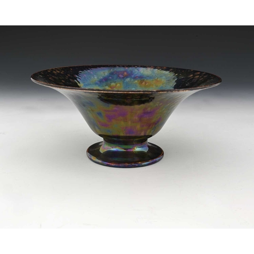 732 - Ruskin Pottery, an iridescent Kingfisher/Bronze Lustre bowl, 1925, eggshell body, footed and flared ... 