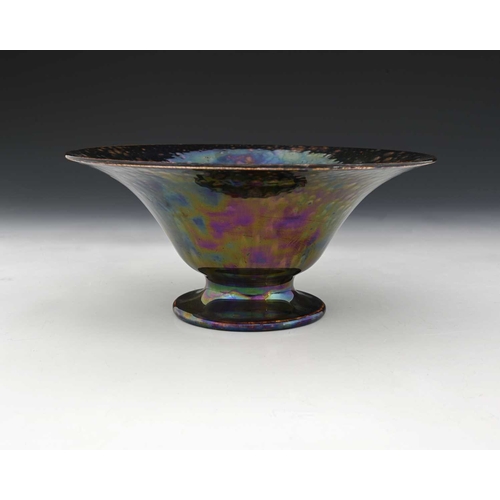 732 - Ruskin Pottery, an iridescent Kingfisher/Bronze Lustre bowl, 1925, eggshell body, footed and flared ... 