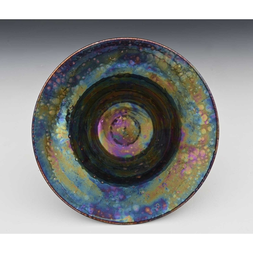 732 - Ruskin Pottery, an iridescent Kingfisher/Bronze Lustre bowl, 1925, eggshell body, footed and flared ... 