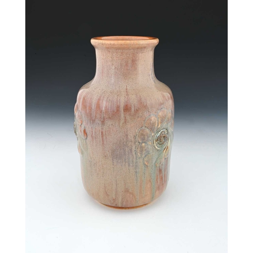 735 - Ruskin Pottery, a relief moulded crystalline vase, 1927, shouldered form with rosettes of Celtic kno... 