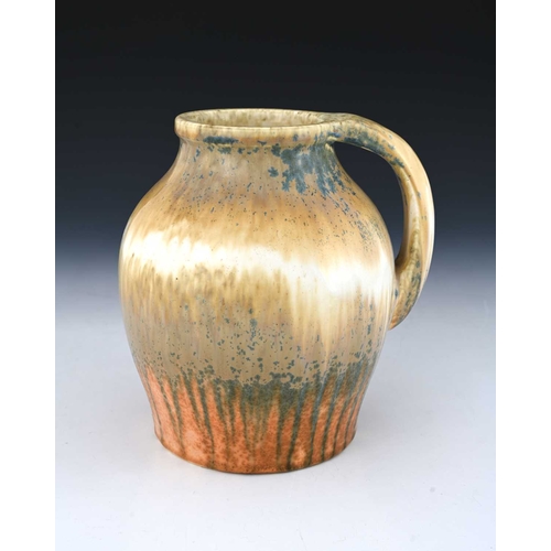 741 - Ruskin Pottery, a Crystalline jug, 1933, shouldered ovoid form with strap handle, banded taupe over ... 