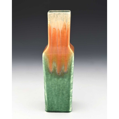 742 - Ruskin Pottery, a Crystalline vase, circa 1932, square section shouldered form, banded orange over g... 