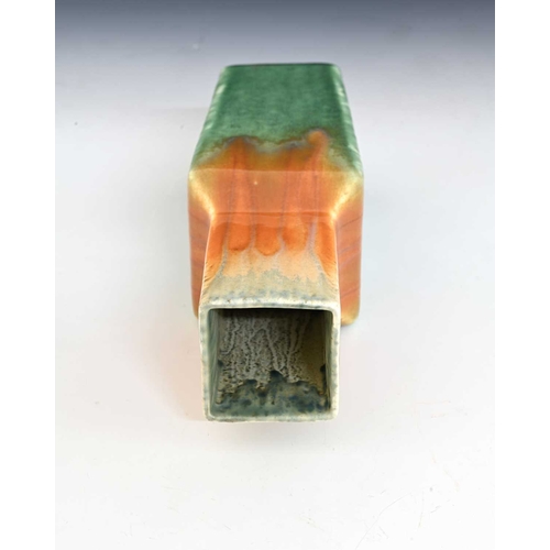 742 - Ruskin Pottery, a Crystalline vase, circa 1932, square section shouldered form, banded orange over g... 