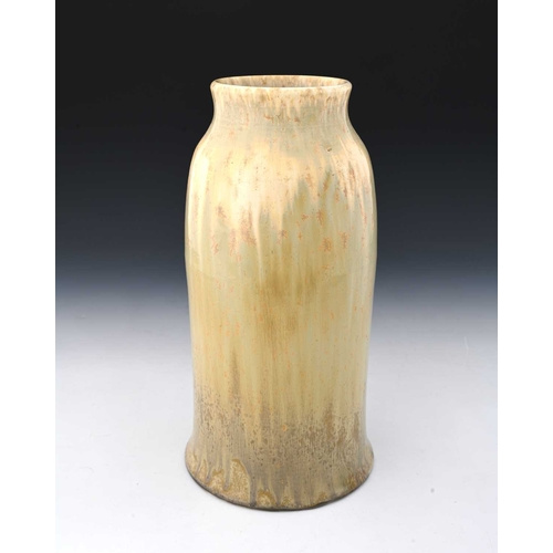 747 - Ruskin Pottery, a Crystalline vase, circa 1930, conical bell form, streaky taupe glaze, impressed ma... 