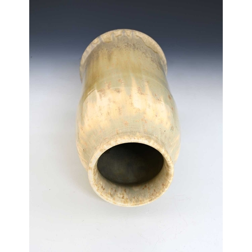 747 - Ruskin Pottery, a Crystalline vase, circa 1930, conical bell form, streaky taupe glaze, impressed ma... 