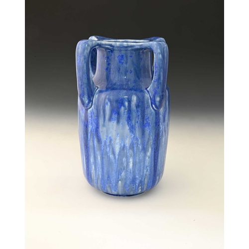 748 - Ruskin Pottery, a Crystalline four handled vase, 1931, shouldered cylindrical form, various shades o... 