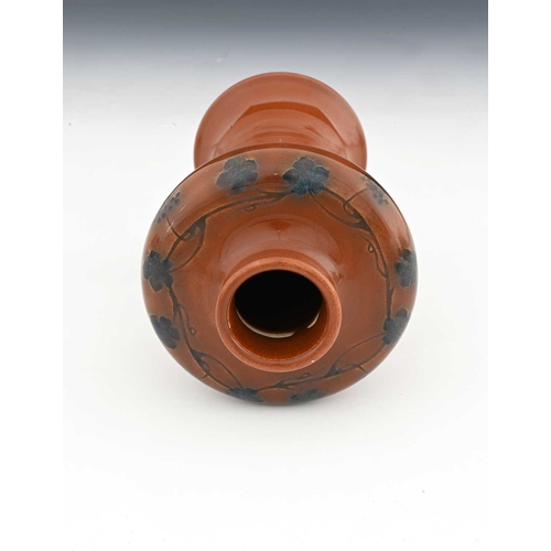 756 - Ruskin Pottery, a Vine painted Souffle glazed vase, circa 1905, Meiping form, brown with blue grape ... 