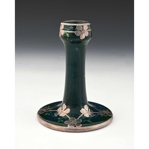 761 - Ruskin Pottery for Shreve and Co., a silver overlay Souffle glazed candlestick, circa 1905, splayed ... 