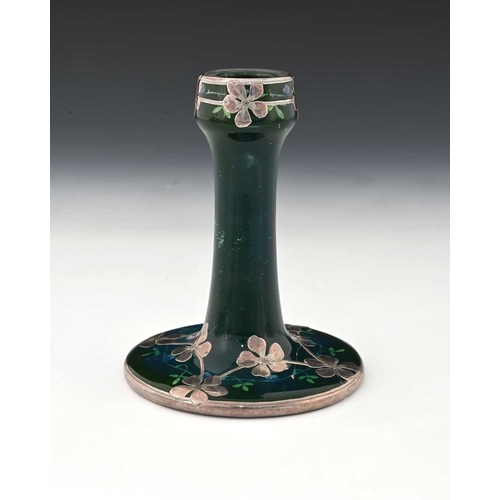 761 - Ruskin Pottery for Shreve and Co., a silver overlay Souffle glazed candlestick, circa 1905, splayed ... 