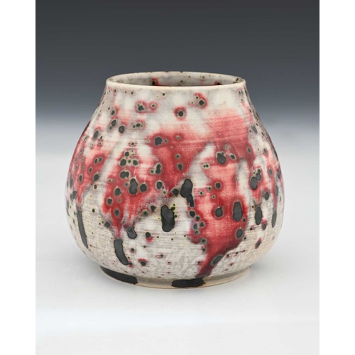 766 - Ruskin Pottery, a High Fired vase, circa 1930, baluster form, sang de boeuf over dove grey flambe wi... 